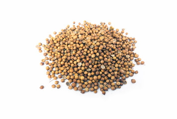 Top view of coriander seed on white background. Soft and selective focus, Asian ingredients concept.