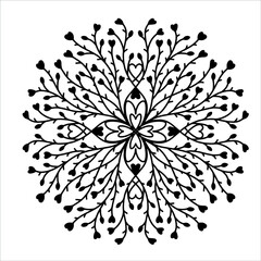 Vector hand drawn mandala isolated on white background. Mandala coloring page. Valentine's day greeting card. Outline mandala of hearts.