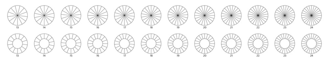 Pie chart icon. Segment slice sign. Circle section graph line art. 14,17,18 segment infographic. Wheel round diagram part. 15 phase, 16 circular cycle. Geometric element. Vector illustration