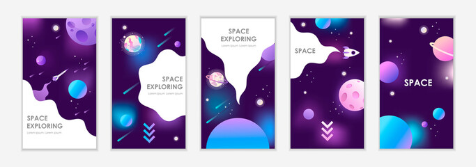 Social media templates. Space with planets and stars. Set of dark space templates for banners, posters, stories, covers, cards, flyers. Vector illustration. EPS 10 - 481962952