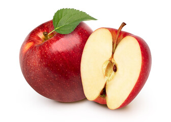Red apple with leaves and halves isolated on white background, cut out