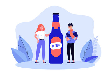 Tiny young people standing near beer glass bottle. Happy adult person drinking cold alcohol from cup flat vector illustration. Brewery, bar concept for banner, website design or landing web page