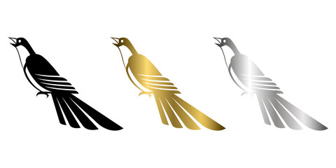 Three color black gold and silver Vector illustration on a white background of a magpie.