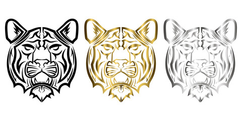 three color black gold and silver line art of tiger head Good use for symbol mascot icon avatar tattoo T Shirt design logo or any design
