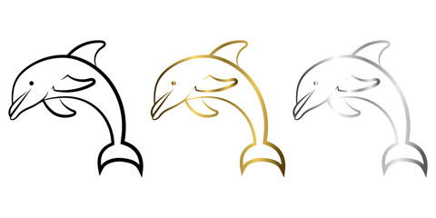 Three color black gold and silver Line art vector illustration of a dolphin