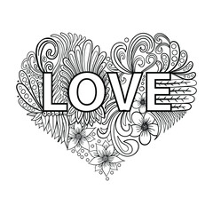 Doodle floral heart with love lettering for valentines day card Premium Vector