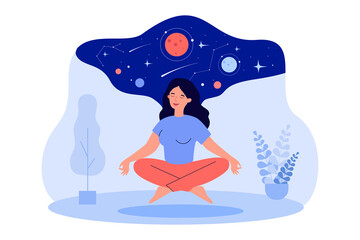 Woman floating in zen yoga pose. Happy person meditating with calm universe above head flat vector illustration. Harmony, balance, concentration concept for banner, website design or landing web page