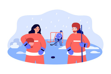 Team of female hockey players standing on ice arena. Girls with helmet, uniform and hockey sticks flat vector illustration. Winter sports, match concept for banner, website design or landing web page