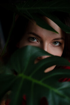 Portrait of a beautiful woman hiding behind a monstera leaf