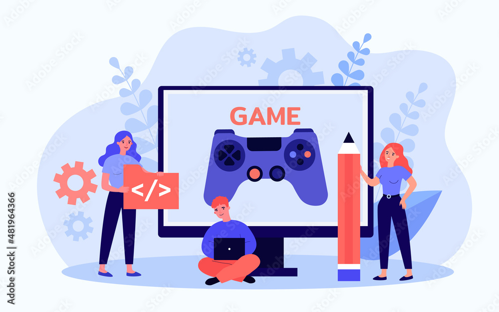 Poster tiny developers coding online video games. process of writing code for software by persons flat vect