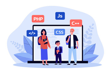 Students learning programming languages. Tiny man, woman and child engineering software code online flat vector illustration. Education, science concept for banner, website design or landing web page