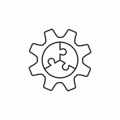 Three puzzles in one gear. Combine elements into one technology. Vector linear icon isolated on white background