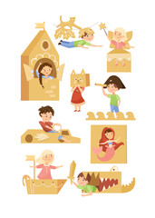 Obraz na płótnie Canvas Kids games in cardboard box costumes set. Vector illustrations of playing creative girls and boys. Cartoon cute child with paper handmade boat, rocket and car isolated on white. Imagination concept