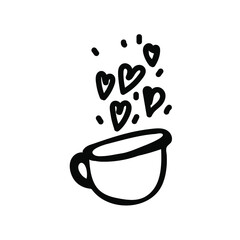 Vector illustration of a cup with hearts for Valentine's Day with a black line on an isolated background.Single,simple,festive picture in doodle style.Design for cards,stickers,posters,web,packaging.