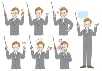 支持棒を持って説明するスーツ姿の男性の表情セット