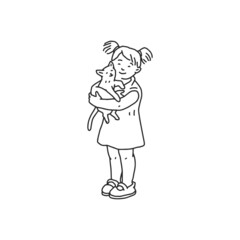 Girl cuddle cat pet. Doodle black white contour line illustration.