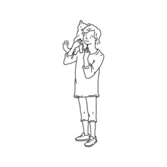 Girl teen with cat pet on her shoulder. Doodle black white contour line illustration.