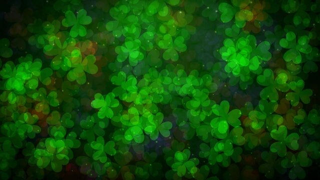 Abstract Motion Decorative Green Brown Shiny Transparent Three Leaf Clovers Bokeh Light And Twinkling Glitter Stars Background Seamless Loop