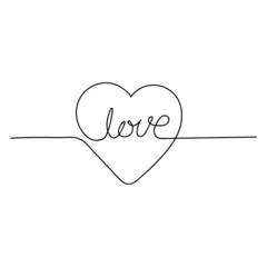 Continuous line drawing of two hearts and word LOVE, Black and white vector minimalist illustration of love concept