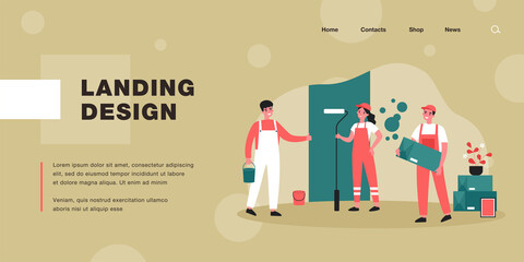 Professional repairmen repairing apartment. Wall, uniform, painting flat vector illustration. Renovation and repair service concept for banner, website design or landing web page