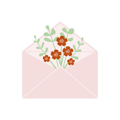 Pink envelope with flower bouquet.