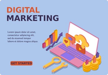 Digital Marketing banner and website. Mockup laptop and increase in video downloads. Successful hitting the target. Analysis and strategy. 3d isometric vector illustration. Popular flat colors.