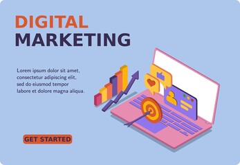 Digital Marketing 2022 banner and website. Mockup laptop and growth like. Successful hitting the target. Business analysis and strategy. 3d isometric vector illustration. Popular flat colors.
