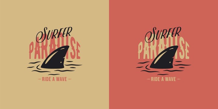Surfing print of shark fin and surf board on waves. Vector illustration hawaii summer t-shirt design