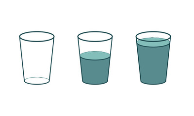 Glass empty, full, half set line icon. Water measurments in transparent glass for elementary school. Vector illustartion 
