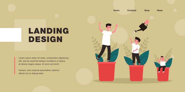 Growth stages of child in form of plant. Flat vector illustration. Newborn, junior schoolchild and teenager boy watered with watering can, changing with age. Growing up, gardening, childhood concept