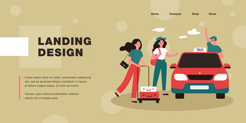 Cartoon taxi driver greeting female passengers. Women with luggage getting into cab flat vector illustration. Taxi service, traveling, transportation concept for banner, website design or landing page