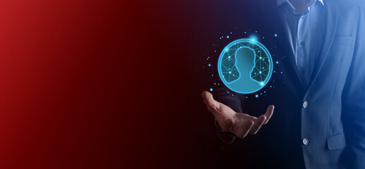 Businessman holding on hand icon of user man,woman low poly polygon style. Internet icons interface foreground. global network media concept.