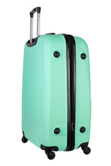 Travel turquoise suitcase isolated on white background. Summer holidays, tourism, vacation.