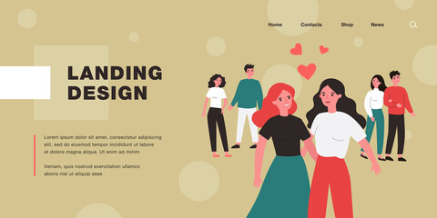 Cartoon people judging happy lesbian couple. Angry persons avoiding two gay women flat vector illustration. LGBT, love, relationship, tolerance concept for banner, website design or landing web page