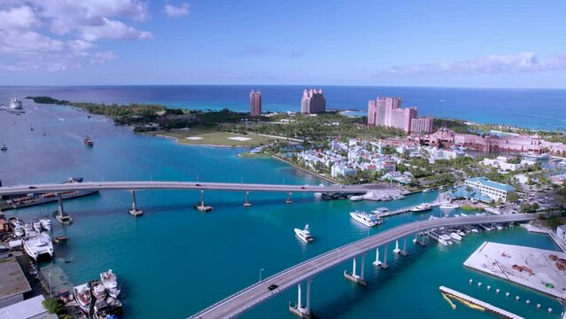 The drone aerial footage of Paradise Island and Nassau port, Bahamas.