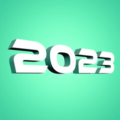 The year 2023 inscription, white 3d number 2023, white letterts, new year sign, to be used on a banner, flyer or t-shirt, 3d illustration