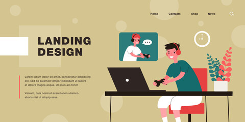 Boys playing network game flat vector illustration. Children having fun in headphones with controllers in front of laptops. Computer game, friendship, fun, hobby concept for design, landing page