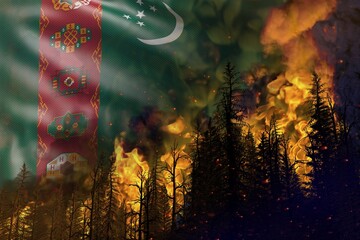 Forest fire fight concept, natural disaster - heavy fire in the woods on Turkmenistan flag background - 3D illustration of nature