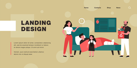 Cartoon relatives visiting young man with broken leg. Flat vector illustration. Father, wife, daughter caring about their loved one lying in hospital bed. Family, care, love, hospital, trauma concept