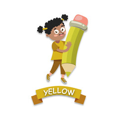 Yellow color, cute girl child with a yellow pencil