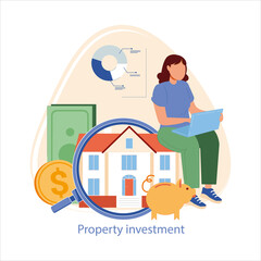 Property investment flat vector illustration. Woman sitting on the house, analyzes profit from real estate buying or rent. Property investment income, money, financial wealth сoncept for web design