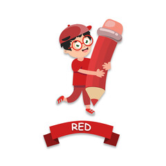 Naklejka premium Cute boy child carrying a red colored pencil