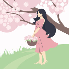 Spring girl. Beautiful girl with a basket of flowers against the backdrop of a spring landscape. Vector image. 