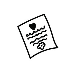 Vector illustration of a letter with heart for Valentine's Day with a black line on an isolated background.Single,simple,festive picture in doodle style.Design for cards,stickers,posters,web,packaging