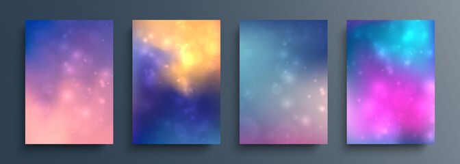 Blurred backgrounds set with bokeh effect and color gradient. Space galaxy template for your futuristic graphic design. Vector illustration.