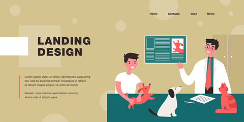 Veterinarian giving boy information about pets. Male doctor, child holding dog, animals on table flat vector illustration. Vet clinic, pets concept for banner, website design or landing web page