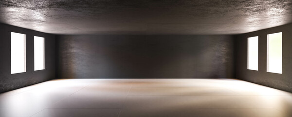 empty dark concrete room with warm day lighting 3d render illustration