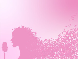 歌う美しい女性横顔シルエットと長い音符の髪