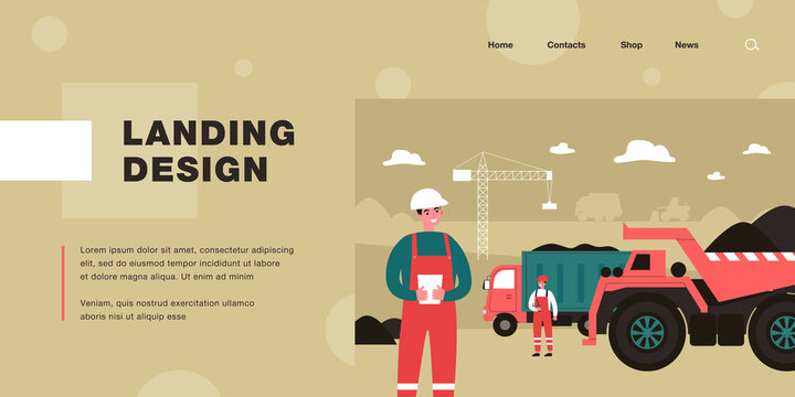 Builder characters in uniform at construction site. Construction workers and heavy machinery flat vector illustration. Development, engineering, industry concept for website design or landing web page