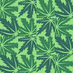 Tropical leaves or Cannabis plant leaves on a green background Seamless pattern, Vector floral background
